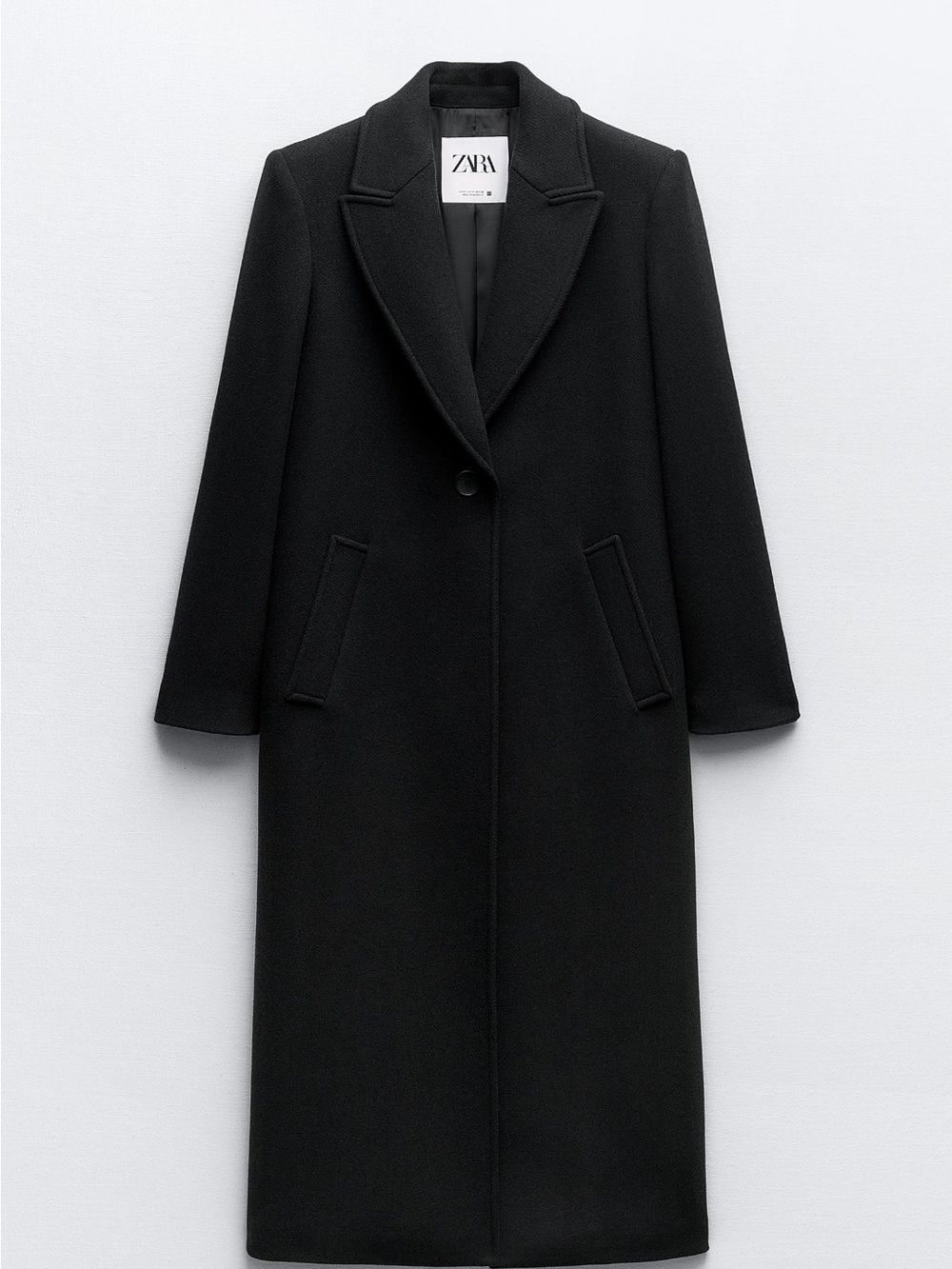 Zara Black Long Single-Button Wool-Blend Coat